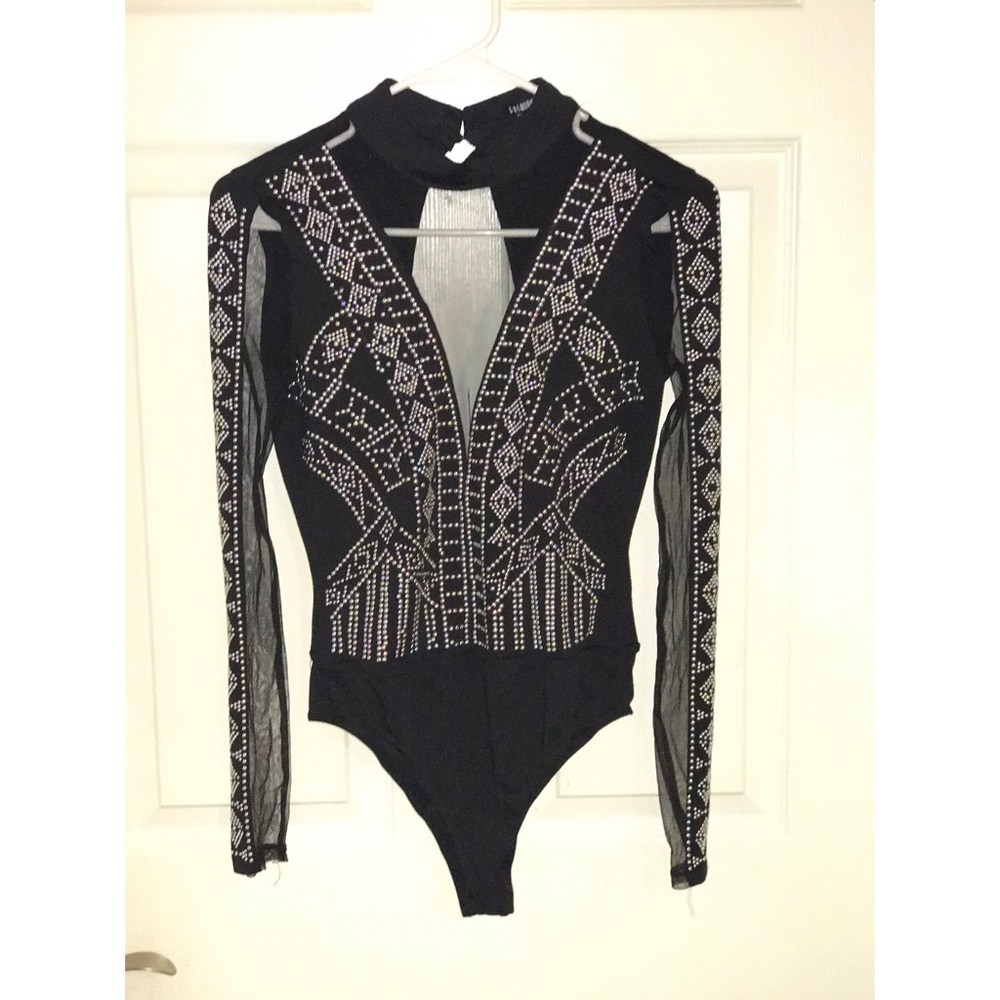 Black silver studded open back mesh bodysuit
